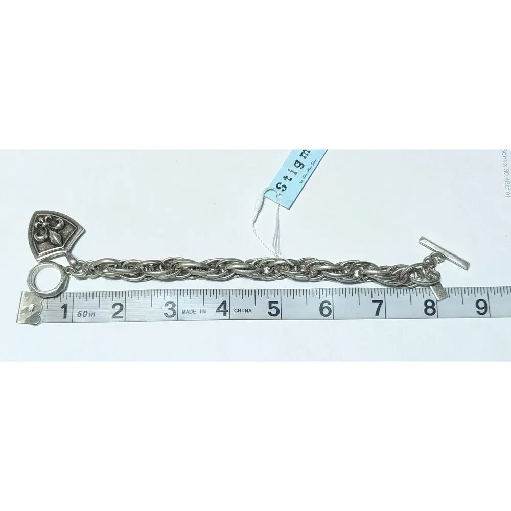 Stigma Mens Toggle Chain Bracelet Silver Tone Fleur-de-Lis Shield Charm